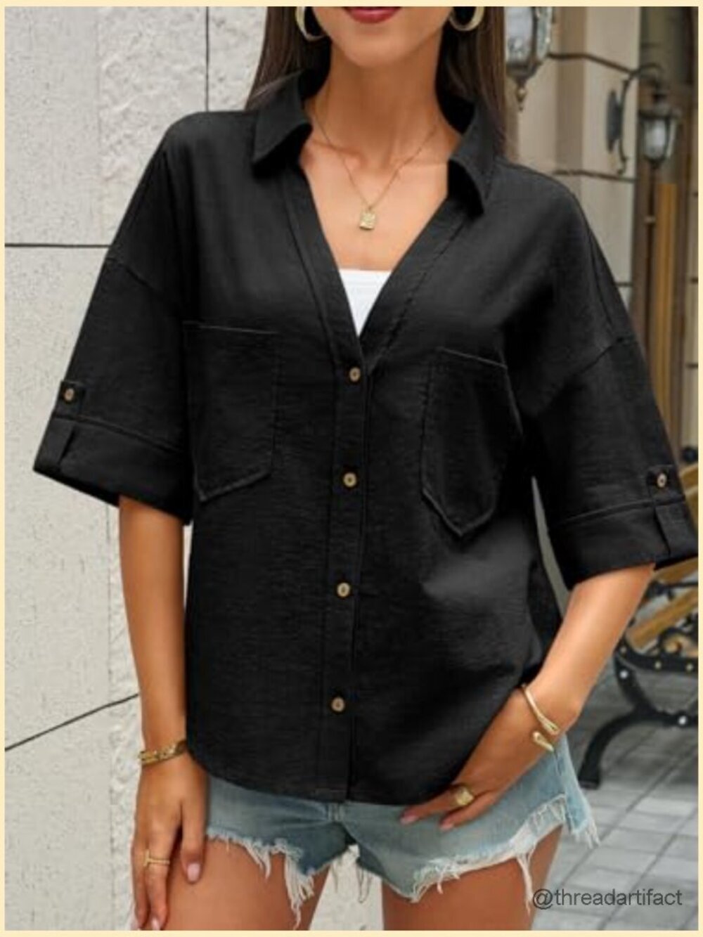 Linen Button Down Shirt V Neck Short Sleeve Casual Loose Fit Cotton Blouse Top - Picture 2 of 7